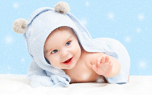 青い目の赤ちゃん、赤ちゃんのピンクと青のタオル、赤ちゃん、、、かわいい、青、 HDデスクトップの壁紙 HD wallpaper