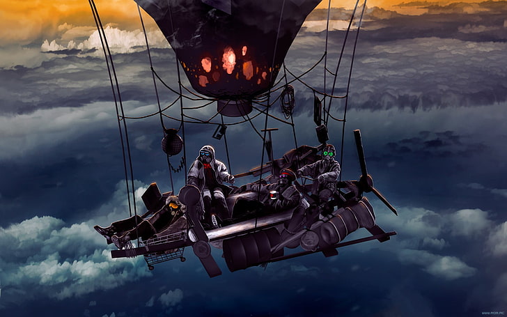 graue Luftfahrzeugtapete, romantisch apokalyptisch, Heißluftballons, Wolken, Vitaly S Alexius, Science-Fiction, nach der Explosion, digitale Kunst, HD-Hintergrundbild