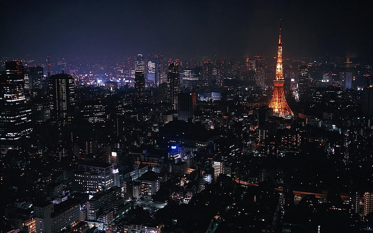 lighted city at night, tokyo, japan, city, night, lights, HD wallpaper