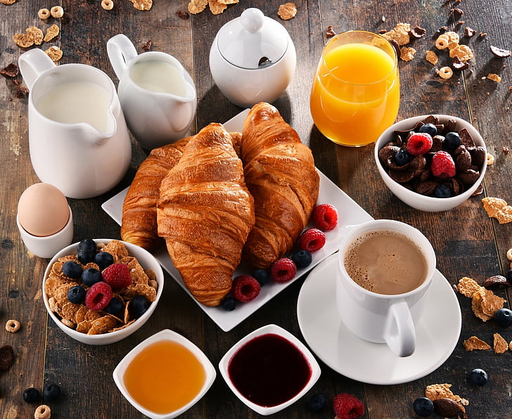 Food, Breakfast, Berry, Blueberry, Coffee, Croissant, Cup, Fruit, Juice, Milk, Muesli, Raspberry, Still Life, Viennoiserie, HD wallpaper