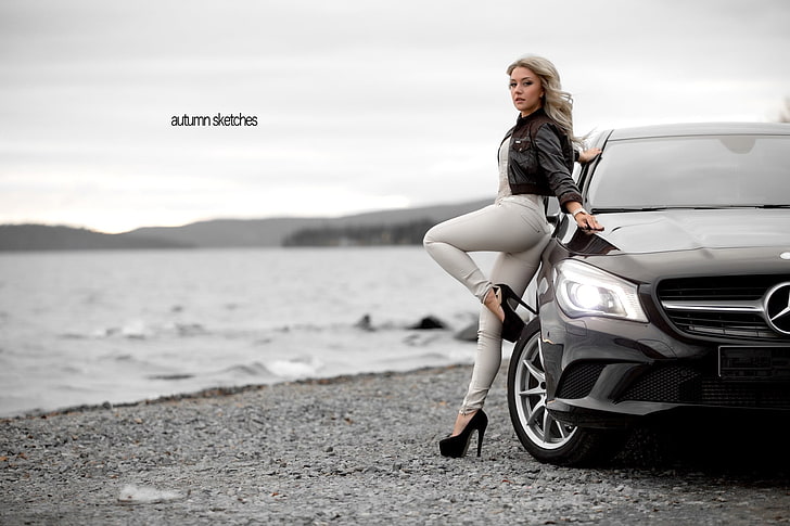 black Mercedes-Benz vehicle, women, blonde, pants, black heels, high heels, car, Mercedes-Benz, women outdoors, women with cars, leather jackets, HD wallpaper