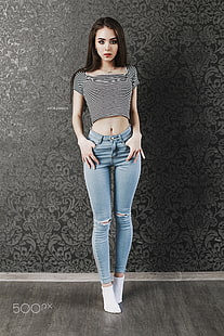 standing, women, jeans, model, Anton Harisov, women indoors, brunette, socks, 500px, HD wallpaper HD wallpaper
