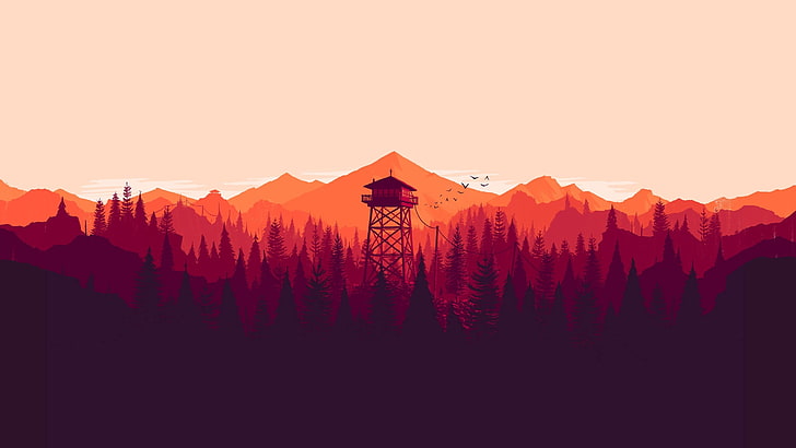 silhouette of trees artwork, Firewatch, video games, mountains, nature, landscape, artwork, minimalism, fire lookout tower, forest, tower, Olly Moss, illustration, digital art, 2016 (Year), HD wallpaper