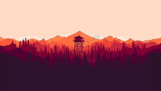 silhouette of trees artwork, Firewatch, video games, mountains, nature, landscape, artwork, minimalism, fire lookout tower, forest, tower, Olly Moss, illustration, digital art, 2016 (Year), HD wallpaper HD wallpaper