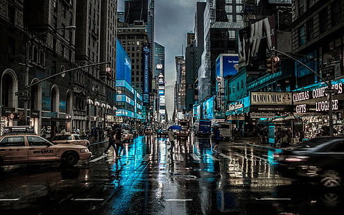 voiture, paysage urbain, New York City, flou de mouvement, pluie, rue, ville, Fond d'écran HD HD wallpaper
