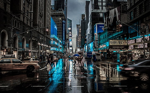 New York city 3D wallpaper, high rise buildings and busy street, New York City, street, rain, city, cityscape, motion blur, car, HD wallpaper HD wallpaper