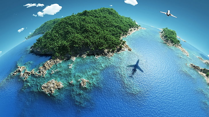 forest island, nature, landscape, sea, coast, island, photo manipulation, coral reef, fisheye lens, clouds, trees, forest, airplane, shadow, aerial view, HD wallpaper