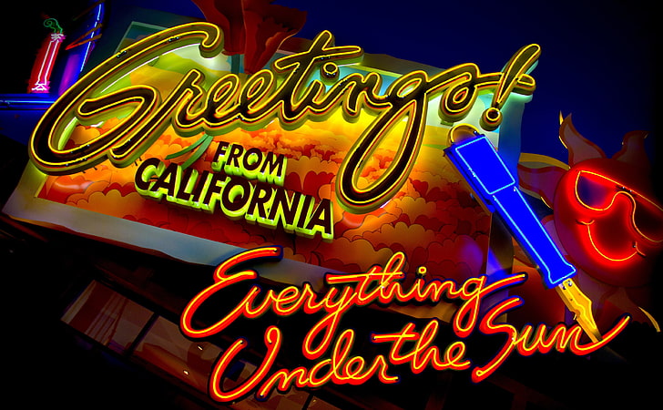 Glowing Away, неоновые вывески разных цветов, Город, Калифорния, светящиеся, поздравления, HD обои
