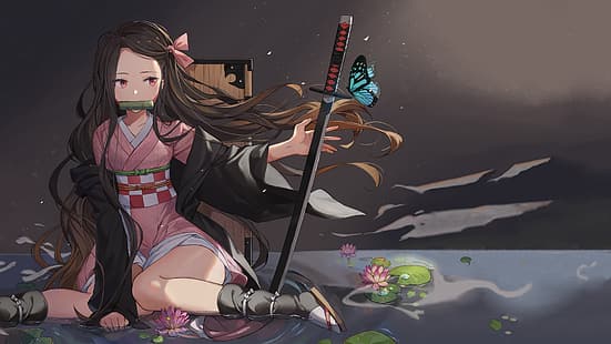 Kimetsu no Yaiba, Kamado Nezuko, Schwert, Schmetterlinge, Anime, Anime-Mädchen, HD-Hintergrundbild HD wallpaper