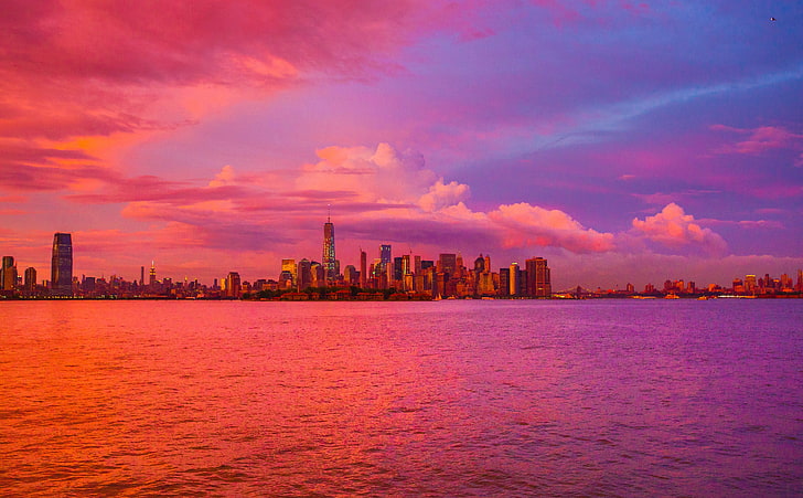 New York City Pink Sunset, городские обои, Соединенные Штаты, Нью-Йорк, Разноцветные, Лето, Закат, Манхэттен, Skyline, Август, newyorkcity, newyorkharbor, HD обои