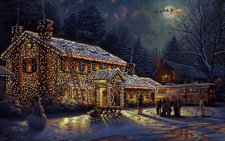 house with string lights illustration, canvas, oil painting, Christmas, movies, National Lampoon's Christmas Vacation, christmas lights, HD wallpaper