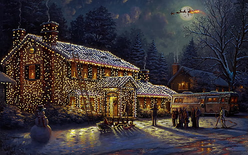 ภาพวาดสีน้ำมันบนผืนผ้าใบภาพยนตร์คริสต์มาสไฟคริสต์มาสแห่งชาติ Lampoons วันหยุดคริสต์มาส, วอลล์เปเปอร์ HD HD wallpaper