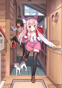 animeflickor, djuröron, katt, hus, loli, rosa hår, Anime, HD tapet HD wallpaper