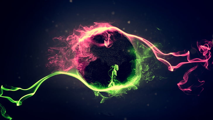 pink and green energy collide digital wallpaper, pink and green colliding smoke wallpaper, splashes, green, purple, pink, rush, abstract, space, Avicii, digital art, colorful, HD wallpaper