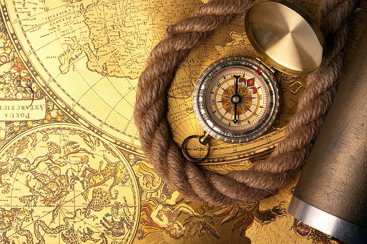 grauer Kompass, Karte, Seil, Kompass, HD-Hintergrundbild