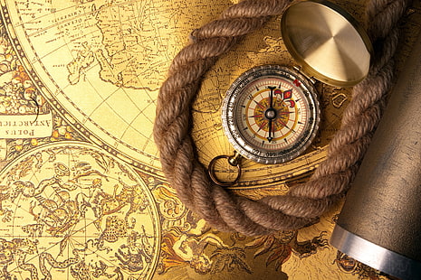 grauer Kompass, Karte, Seil, Kompass, HD-Hintergrundbild HD wallpaper