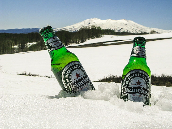 Heineken, nieve, montañas, camino, Fondo de pantalla HD