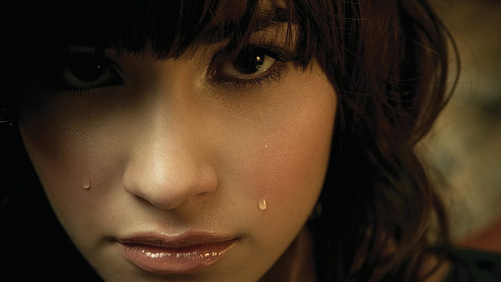 donne, primo piano, lacrime, brunetta, Demi Lovato, pianto, viso, Sfondo HD