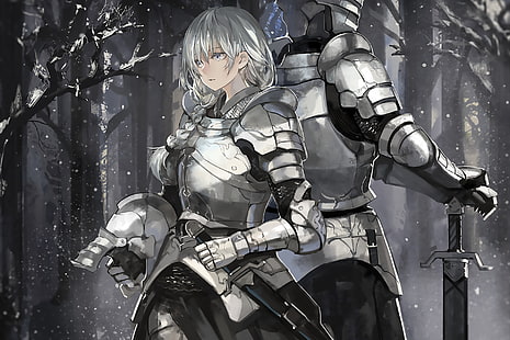 Anime, oryginał, zbroja, dziewczyna, rycerz, śnieg, miecz, białe włosy, Tapety HD HD wallpaper
