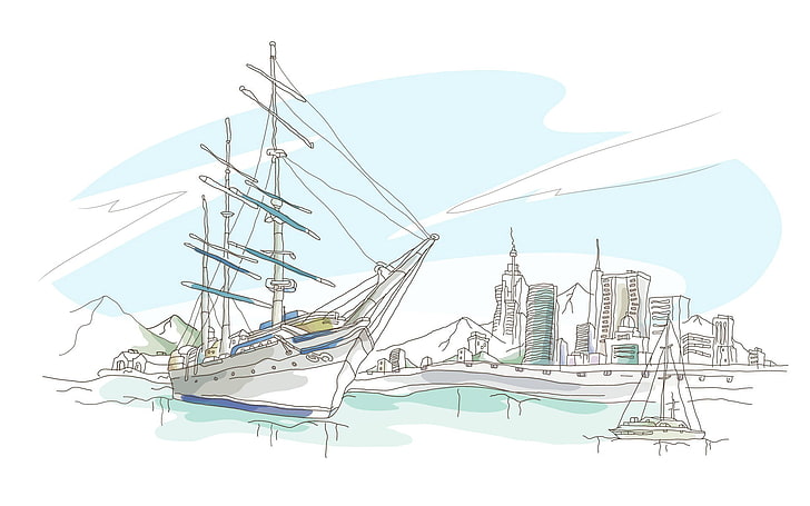 sail ship illustration, sea, the sky, mountains, the city, figure, ship, home, vector, yacht, promenade, HD wallpaper