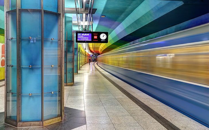 train subway station, subway, clocks, Munich, long exposure, HD wallpaper
