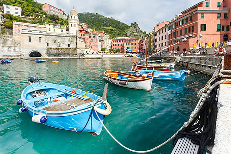 Vernazza, Italy, Cinque Terre, Italy, boat, bay, home, Cinque Terre, Vernazza, Mountains, Ligurian coast, HD wallpaper HD wallpaper