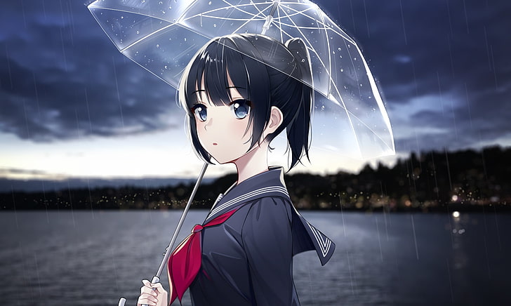anime girl, pleuvoir, parapluie, cheveux noirs, queue de cheval, vue de profil, Anime, Fond d'écran HD