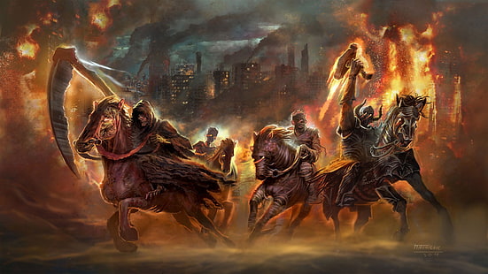 Fond d'écran de quatre cavaliers de l'apocalypse, quatre cavaliers de l'apocalypse, cheval, art fantastique, apocalyptique, feu, destruction, faux, guerre, Fond d'écran HD HD wallpaper