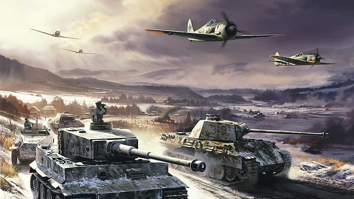 Seconda guerra mondiale, Germania, Tiger I, Pzkpfw V Panther, Focke-Wulf, Aerei, Carro armato, seconda guerra mondiale, germania, tigre i, pzkpfw v pantera, focke-wulf, aereo, carro armato, Sfondo HD