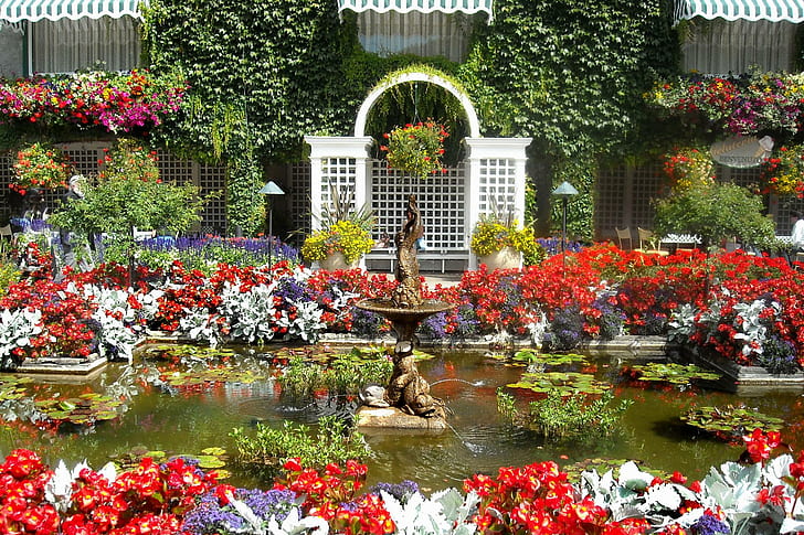 Butchart Garden, blooms, park, nature, grass, pond, beautiful, garden, flowers, trees, nature and landscapes, HD wallpaper