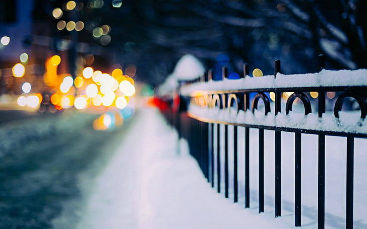 street, winter, urban, lights, snow, fence, bokeh, depth of field, HD wallpaper