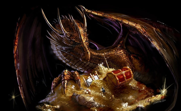 brown dragon digital wallpaper, dragon, treasure, gold, HD wallpaper