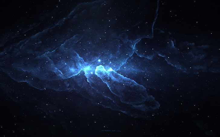 black and blue nebula digital wallpaper, digital art, artwork, nebula, space, space art, stars, glowing, abstract, Starkiteckt, sky, lights, universe, HD wallpaper