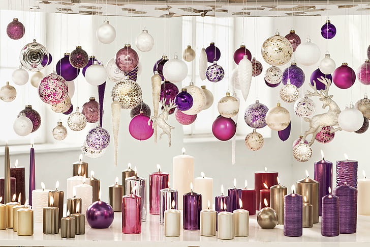 Christmas Showcase, globes, showcase, christmas, purple, white, golden, pink, candles, festive, HD wallpaper