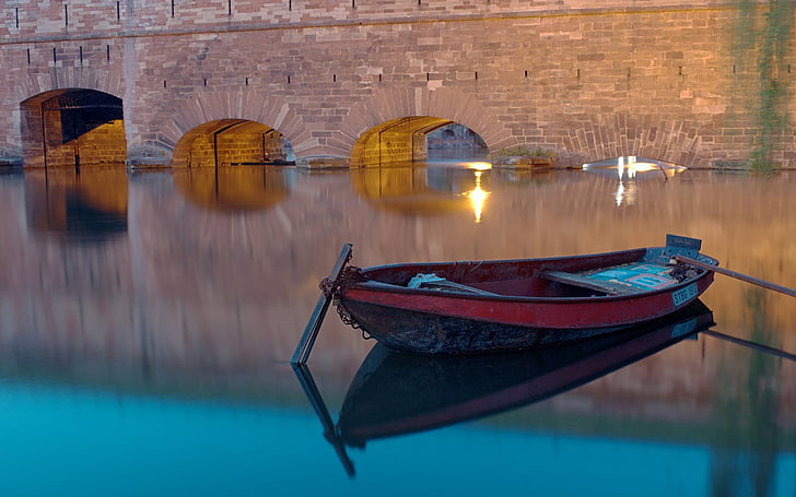 red and brown canoe boat, water, bridge, boat, the evening, channel, Strasbourg, HD wallpaper