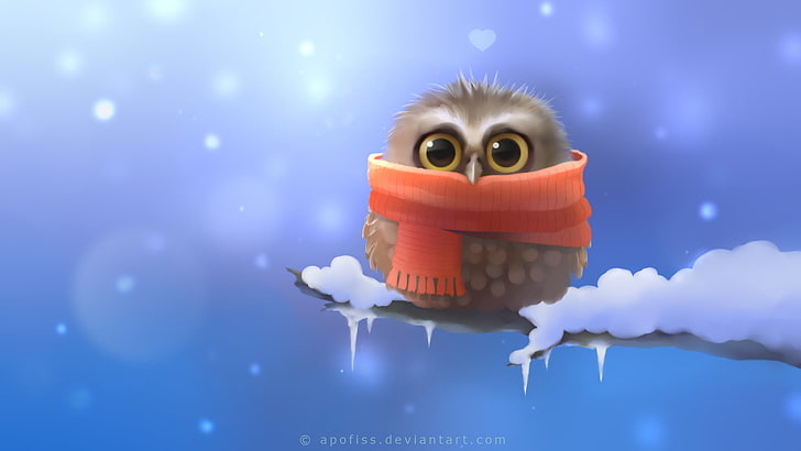 owl with scarf illustration, snow, owl, bird, branch, scarf, art, heart, Apofiss, owlet, HD wallpaper