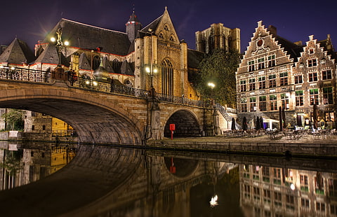 braune Betonbrücke, Gent, Flandern, Belgien, Brücke, Abend, HD-Hintergrundbild HD wallpaper