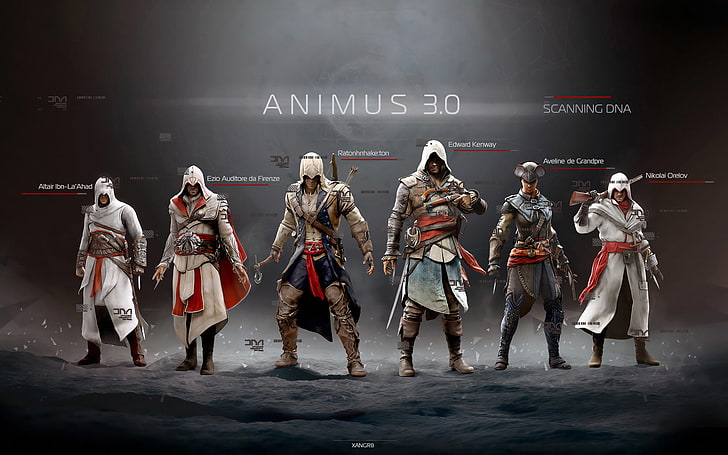 Cyfrowa tapeta Assassin's Creed, Edward, Altair, Ezio, Connor, zabójcy, Assassin's Creed IV: Black Flag, Animus 3, Evelyn, Tapety HD