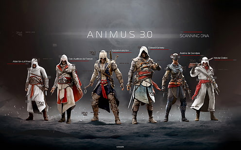 Papel de parede digital de Assassin's Creed, Edward, Altair, Ezio, Connor, assassinos, Assassin's Creed IV: Black Flag, Animus 3, Evelyn, HD papel de parede HD wallpaper