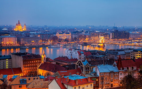 Будапеща, Унгария, град, сгради, къщи, река, Верижен мост, нощни светлини, снимка на градския пейзаж, Будапеща, Унгария, Град, Сгради, Къщи, Река, Верига, Мост, Нощ, Светлини, HD тапет HD wallpaper