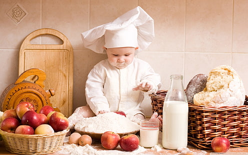 مزهرية خزفية بيضاء وبنية ، طفل ، تفاح ، خبز ، بيض ، دقيق ، حليب، خلفية HD HD wallpaper