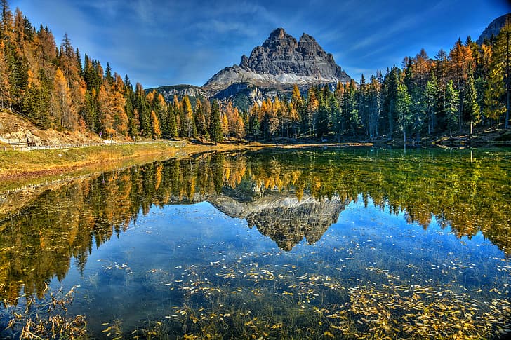 autumn, forest, mountains, lake, reflection, Italy, The Dolomites, Dolomites, Trentino, Lake Antorno, Lake of Antorno, Lake Entorno, HD wallpaper