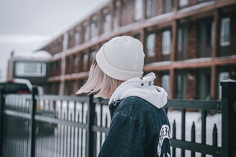 white knit cap, girl, hat, jacket, winter, back, HD wallpaper HD wallpaper