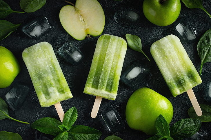 food, popsicle, ice, apples, mint leaves, basil, ice cubes, green, spinach, HD wallpaper