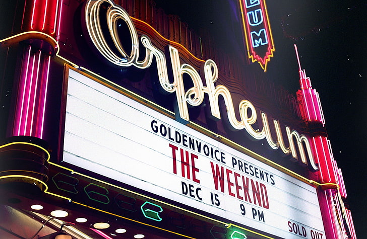 The Weeknd, Orpheum letreros de neón, Ciudad, Fondo de pantalla HD