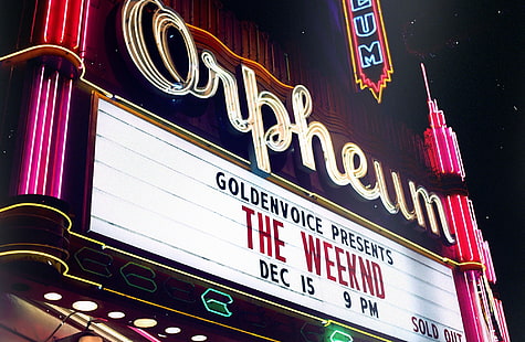 The Weeknd, Orpheum neon signage, City, HD wallpaper HD wallpaper