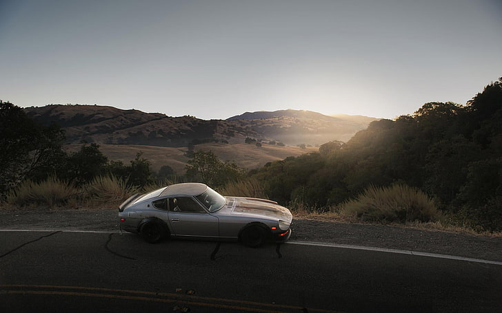perak Datsun Z, matahari terbenam, 240z, di tepi jalan, Wallpaper HD