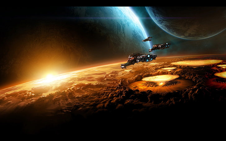 battle, future, planet, s f, spaceship, HD wallpaper