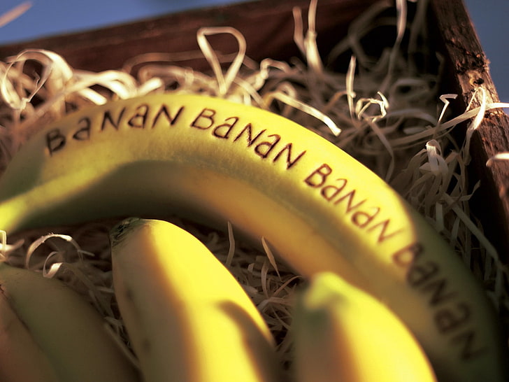 plátano maduro, plátano, fruta, inscripción, cáscara, Fondo de pantalla HD
