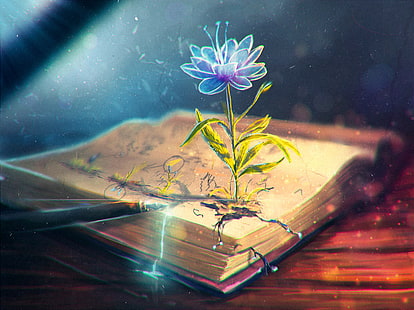 fiore blu sul libro dipinto, fiore, compendio, libro, penna, Sfondo HD HD wallpaper
